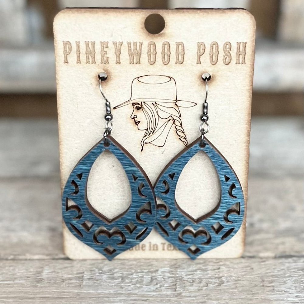 Western boho wood earrings denim blue